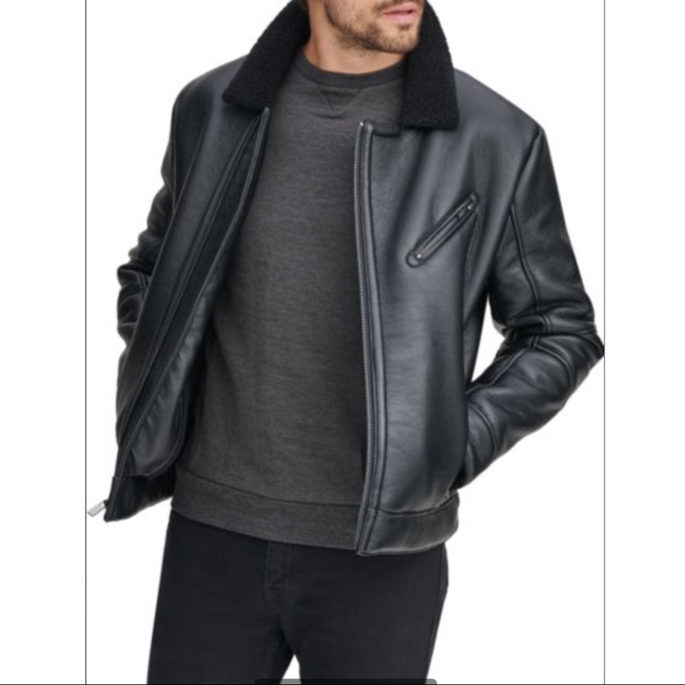 MARC NEW YORK Faux Fur-Trim Spread Collar Faux Leather Jacket Size Large